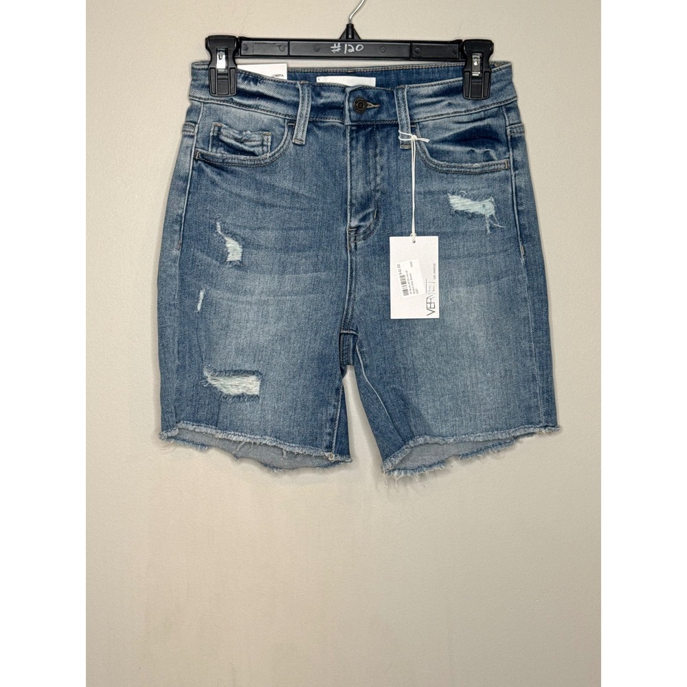 Vervet Loretta High Rise Distressed Bermuda Denim Shorts Medium Wash Size S